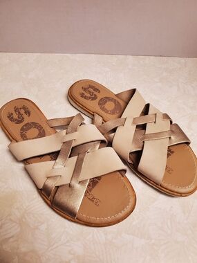 Sorel Beige and Metallic Gold Woven Slide Sandals